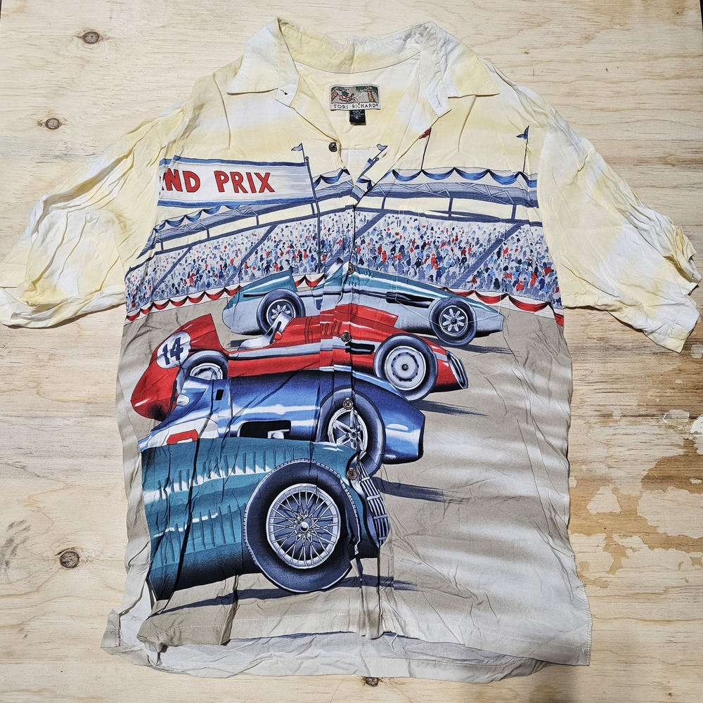 Tori Richard Racing AOP Hawaiian Style Shirt Sz XL Short Sleeve Button Down Cars